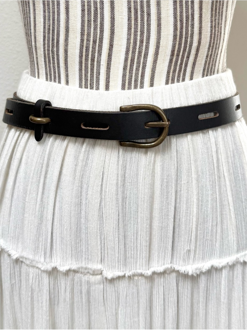 Vintage Black Leather Adjustable Belt Made in India Minimalist Brass Buckle